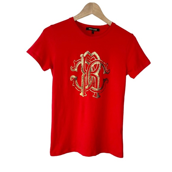 Roberto Cavalli Red Glitter Gold Logo Tee Size M - Picture 1 of 14